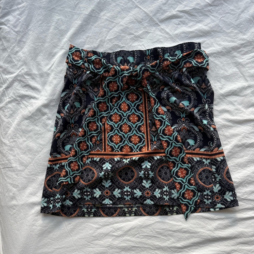 LOFT Navy and Orange Patterned Mini Skirt
